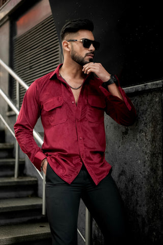 Maroon Double Pocket Velvet Shirt