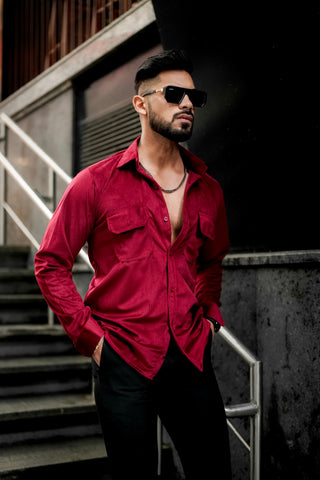 Maroon Double Pocket Velvet Shirt