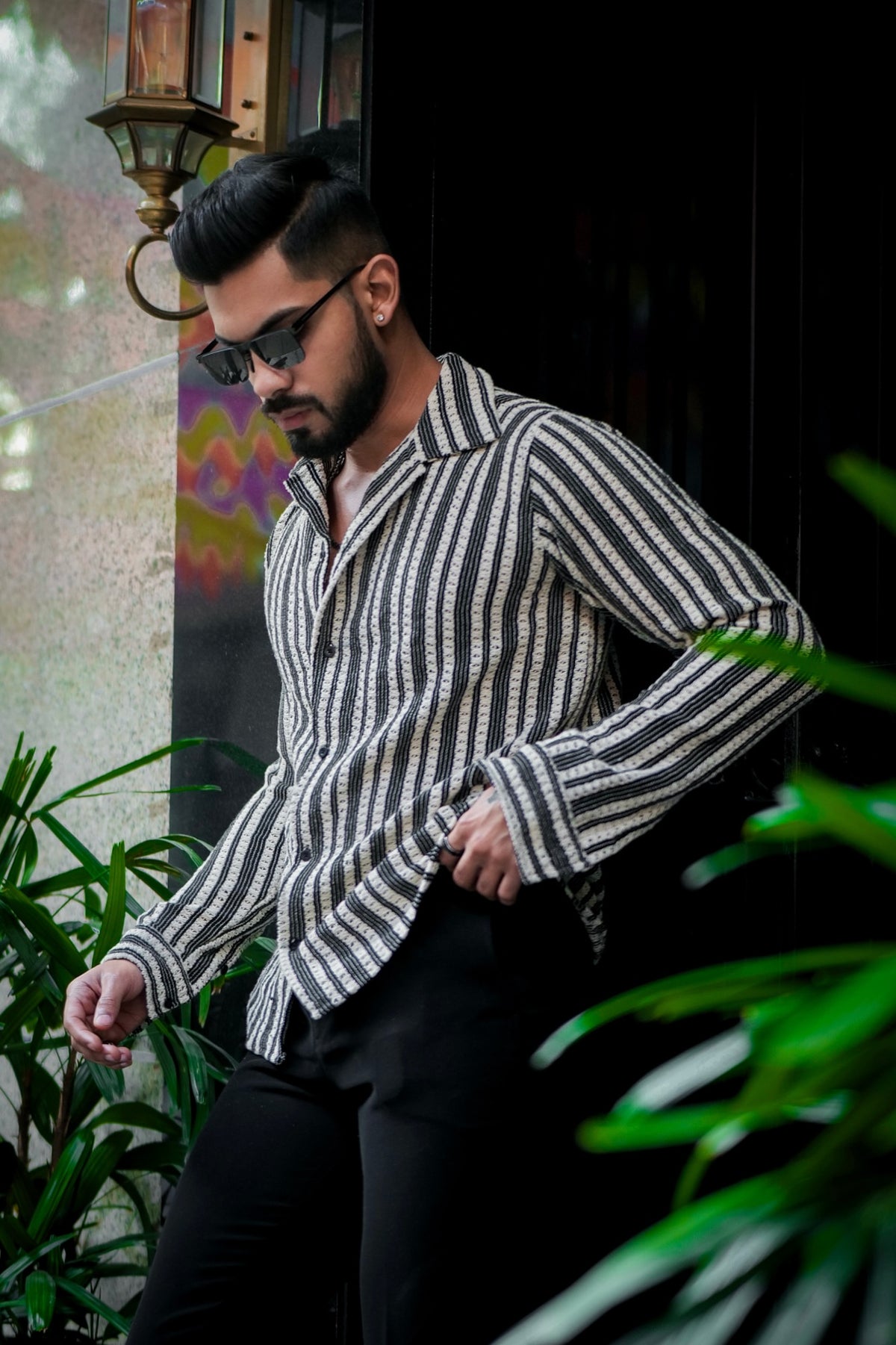 Black & White Textured Stripe Crochet Shirt