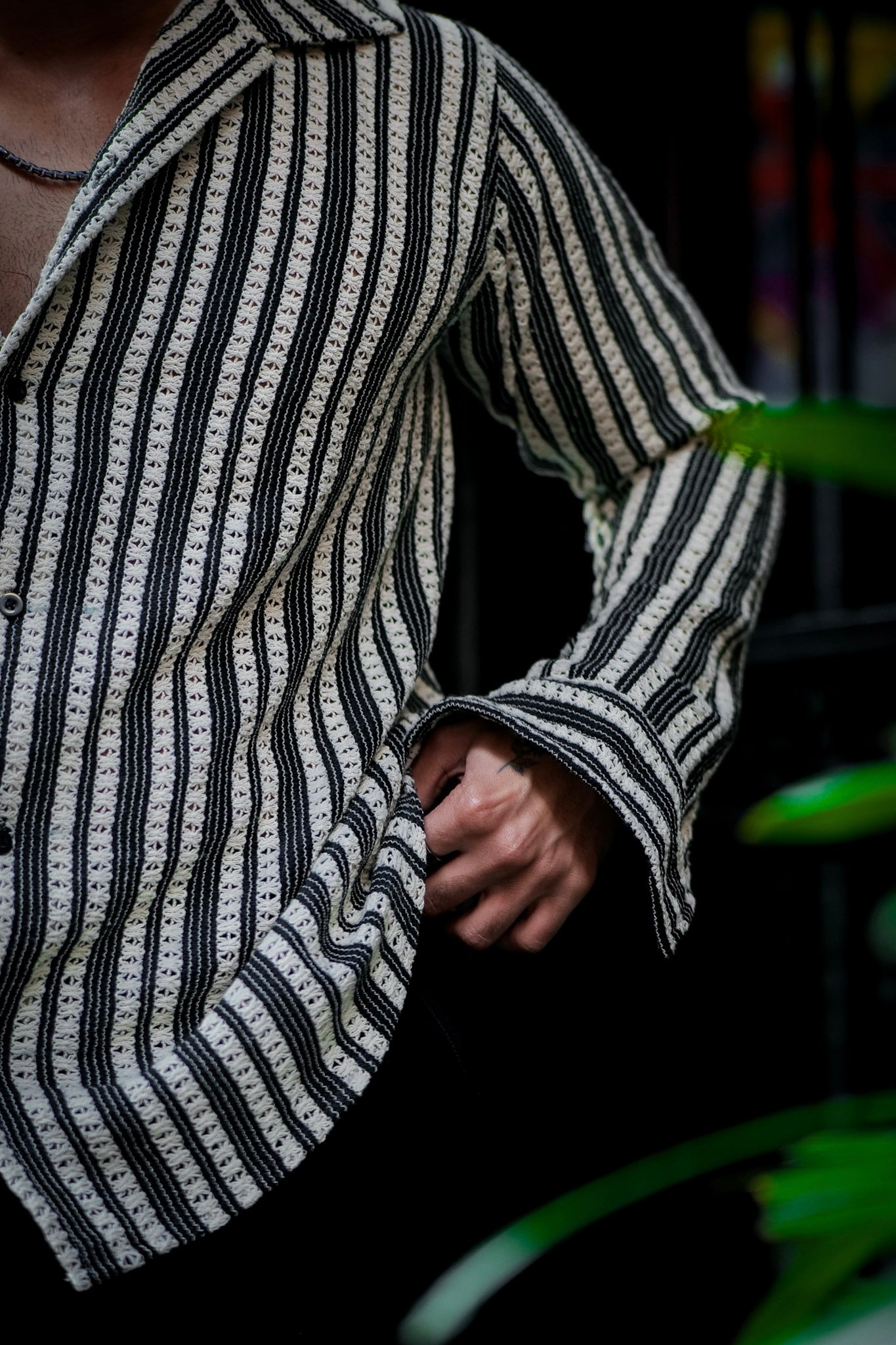 Black & White Textured Stripe Crochet Shirt