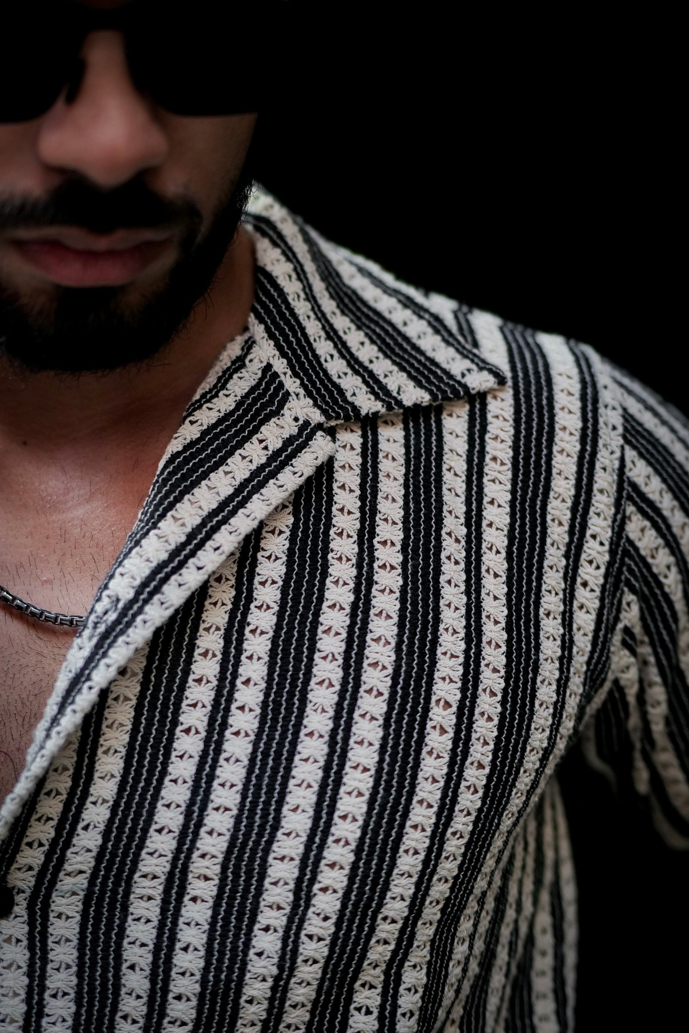 Black & White Textured Stripe Crochet Shirt