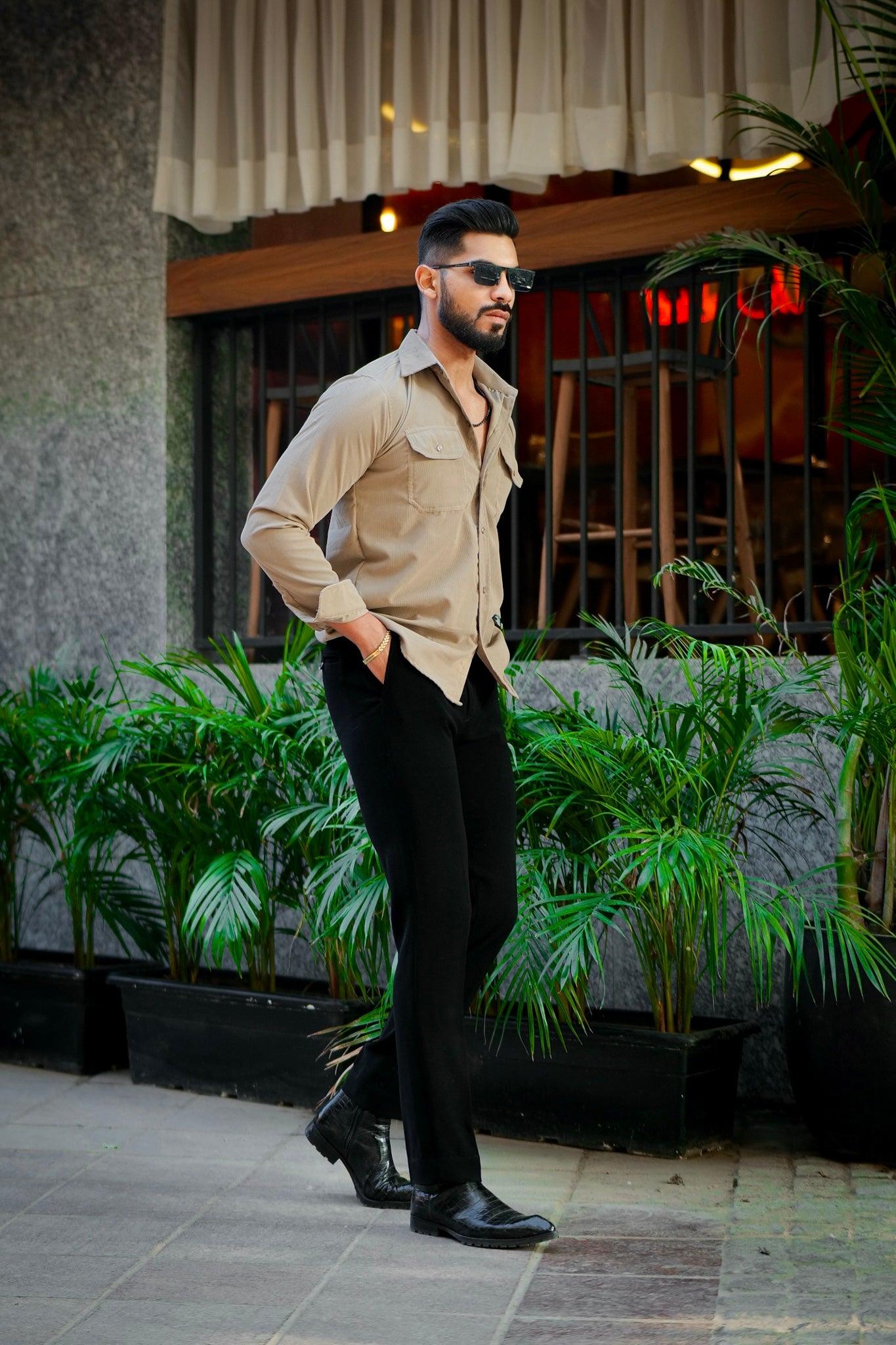 Beige Double Pocket Corduroy Shirt