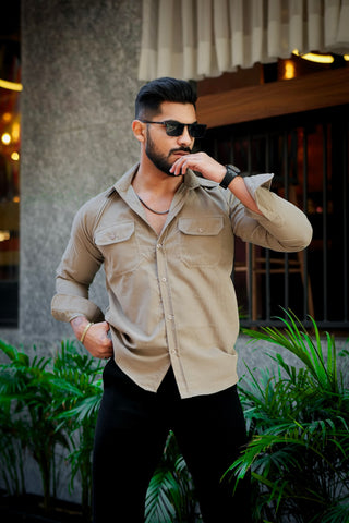 Beige Double Pocket Corduroy Shirt