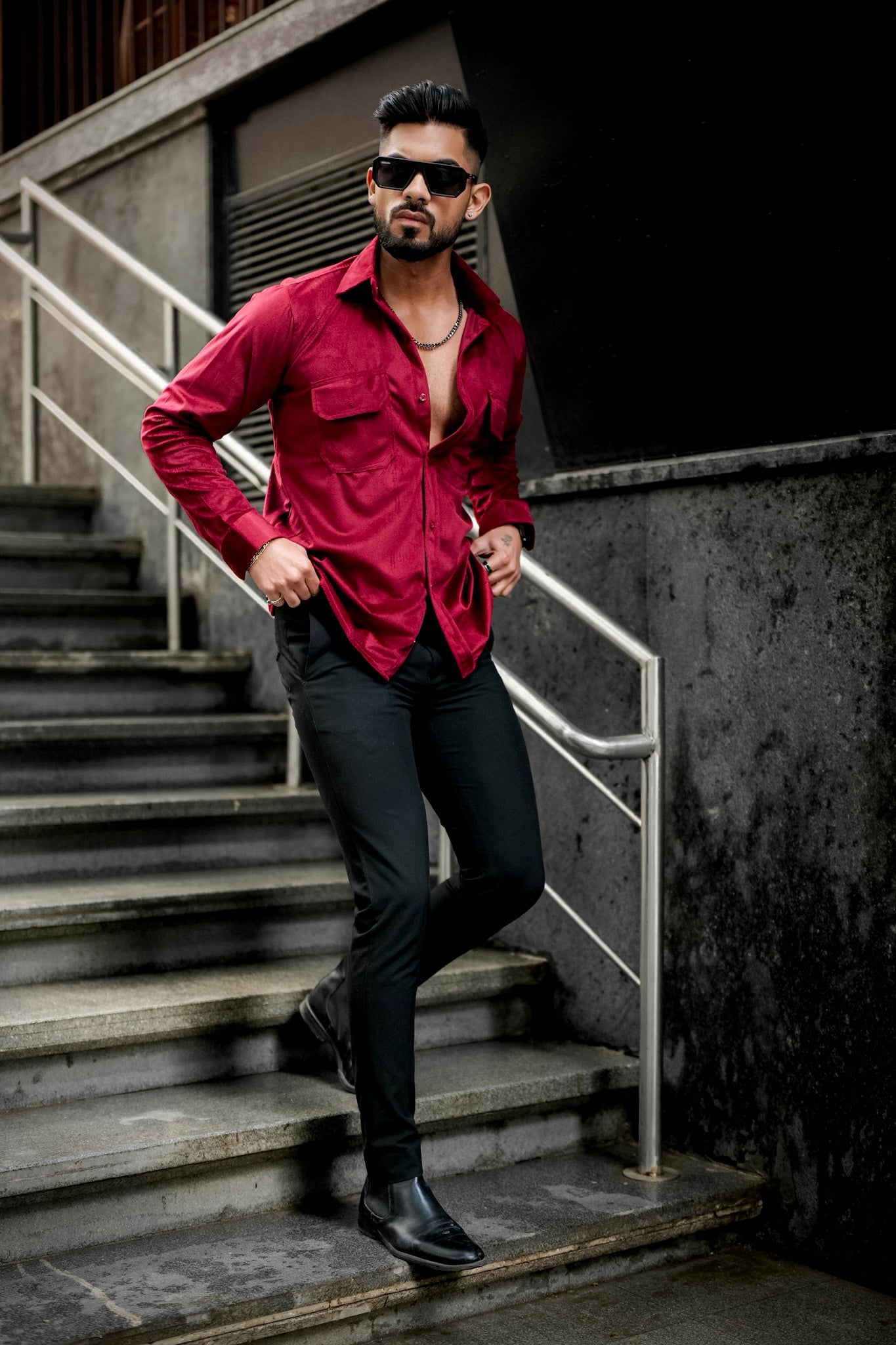 Maroon Double Pocket Velvet Shirt