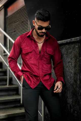 Maroon Double Pocket Velvet Shirt