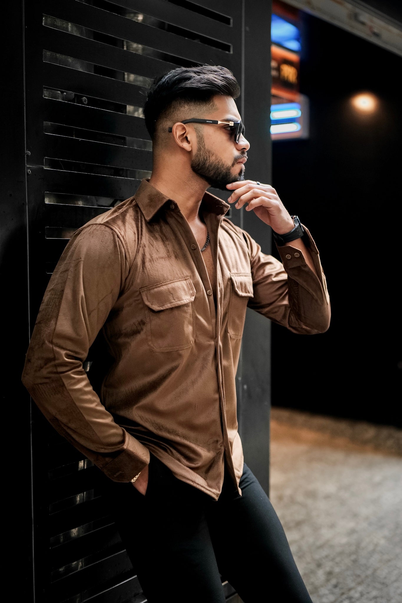 Chocolate Double Pocket Velvet Shirt