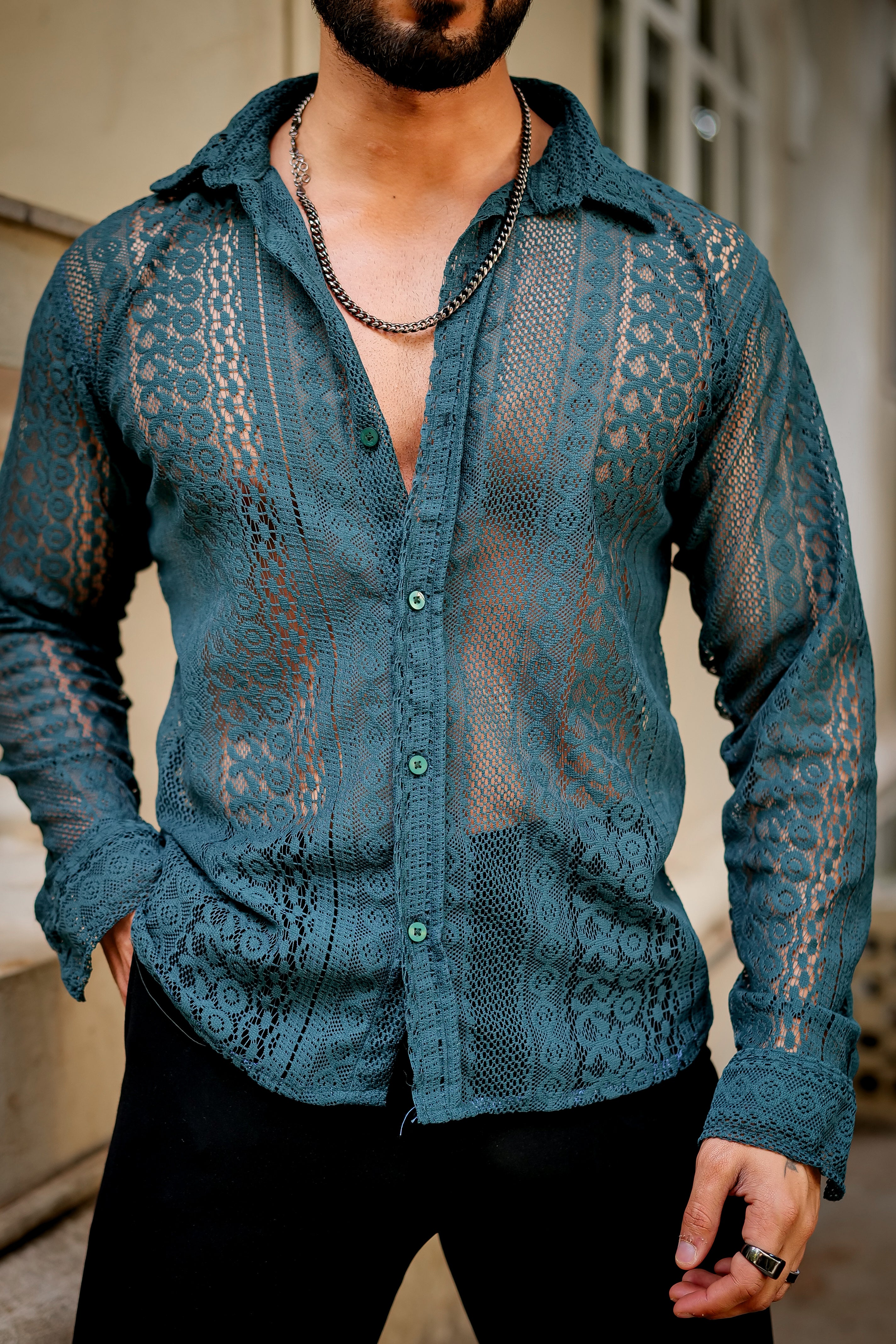 Teal Blue Crochet Shirt